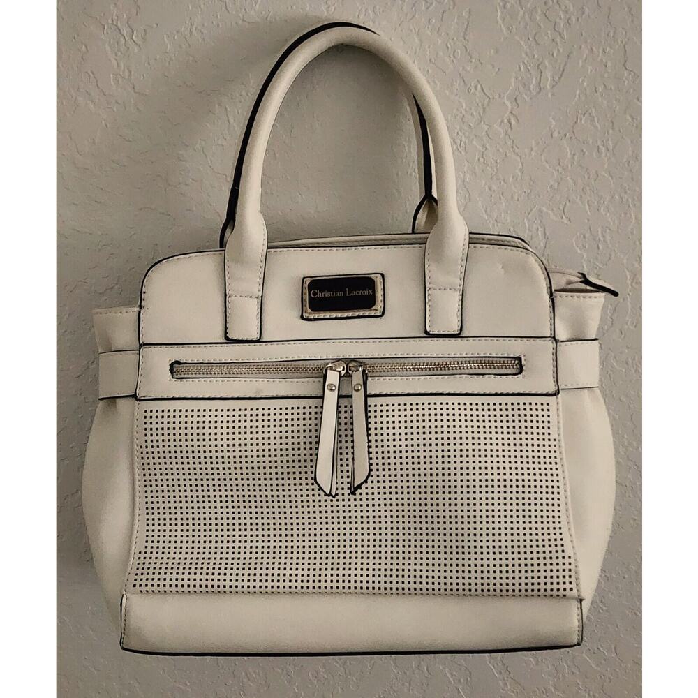 Purse-Christian Lacroix-Cream/Beige-Handles-Large-Faux Leather-Tote-Zippers